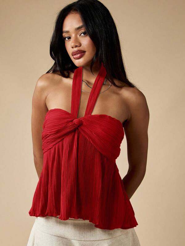missguided MISSGUIDED Pleated Halter Neck Empire Waist Babydoll Top