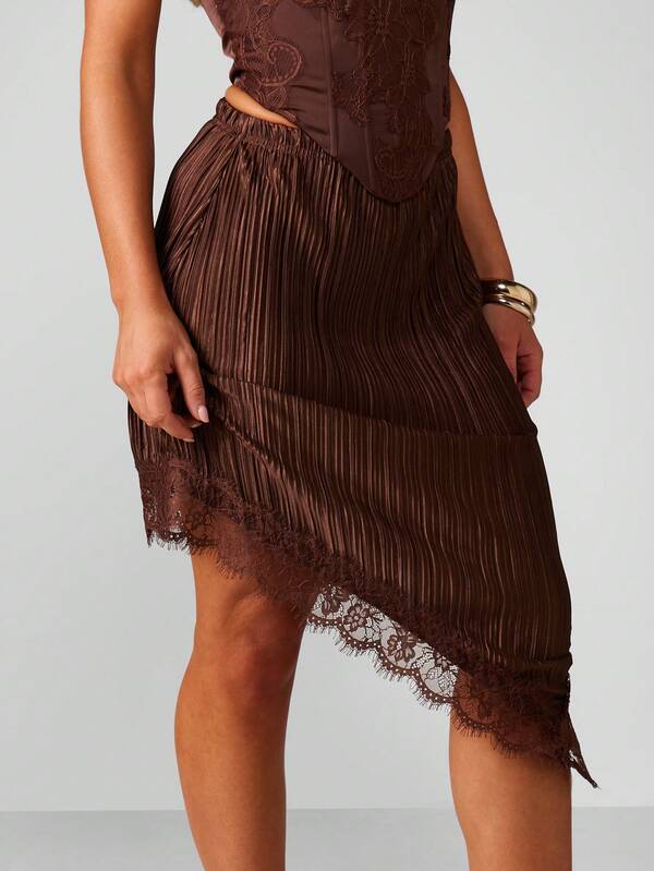 Missguided MISSGUIDED Pleated Midi Skirt With Lace Trim