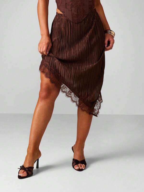 missguided MISSGUIDED Pleated Midi Skirt With Lace Trim