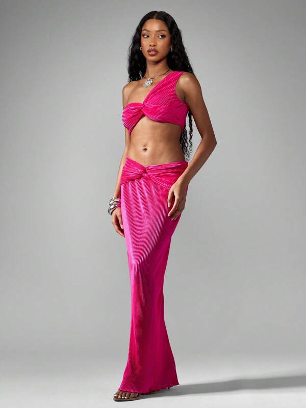 Missguided MISSGUIDED Pleated Ribbed Twisted Front Two Piece Set Maxi Skirt Outfit