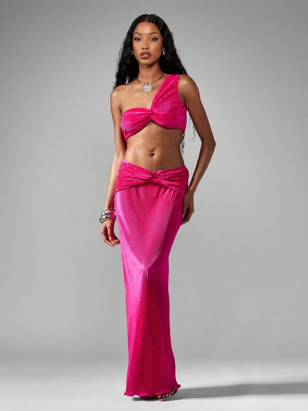 missguided MISSGUIDED Pleated Ribbed Twisted Front Two Piece Set Maxi Skirt Outfit