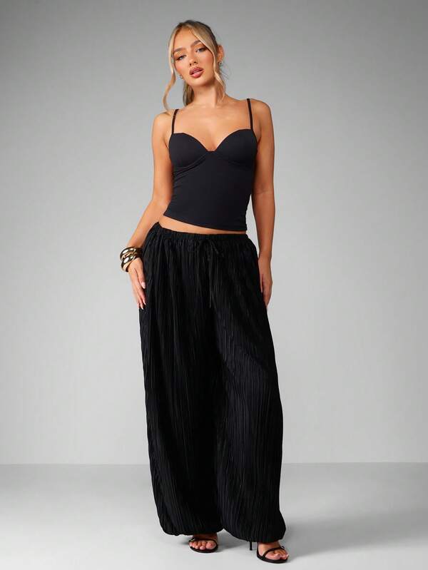 Missguided MISSGUIDED Pleated Wide Leg Palazzo Pants With Drawstring