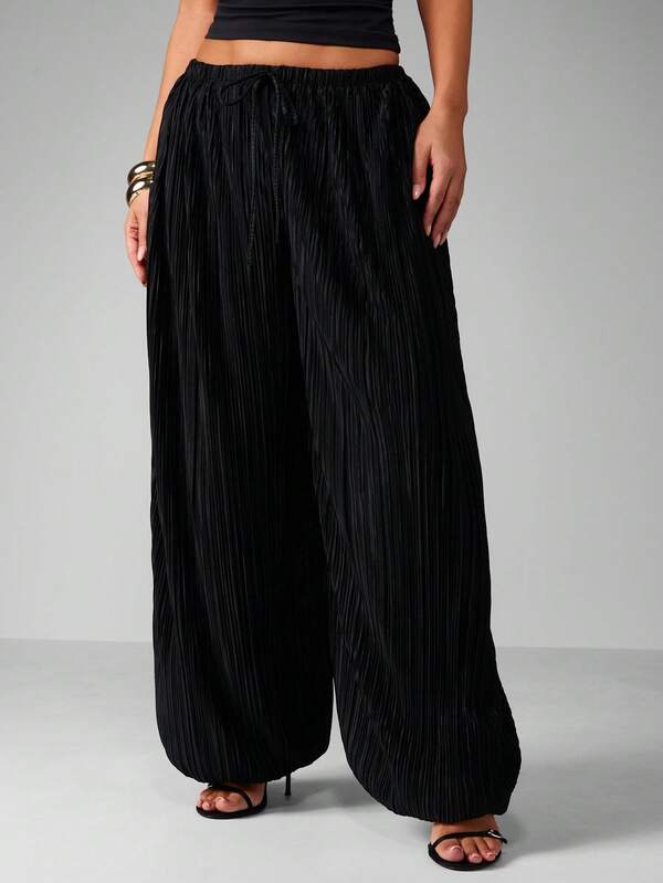 missguided MISSGUIDED Pleated Wide Leg Palazzo Pants With Drawstring