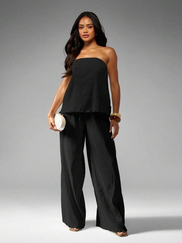 Missguided MISSGUIDED Plisse Bandeau Top With Wide Leg Palazzo Pants