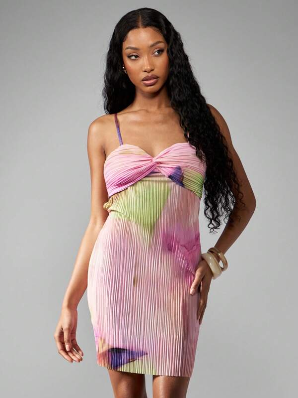 missguided MISSGUIDED Plisse Floral Strappy Knot Detail Bust Tie Back Cut Out Mini Dress