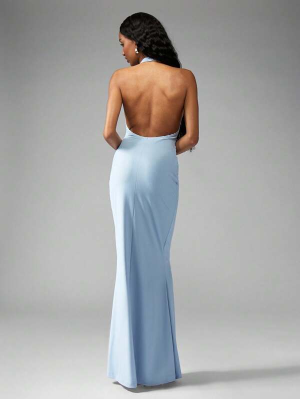 Missguided MISSGUIDED Plunge Halter Cowl Neck Sleeveless Fitted Elegant Maxi Dress
