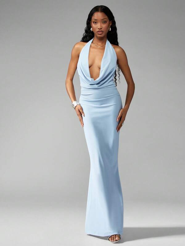missguided MISSGUIDED Plunge Halter Cowl Neck Sleeveless Fitted Elegant Maxi Dress