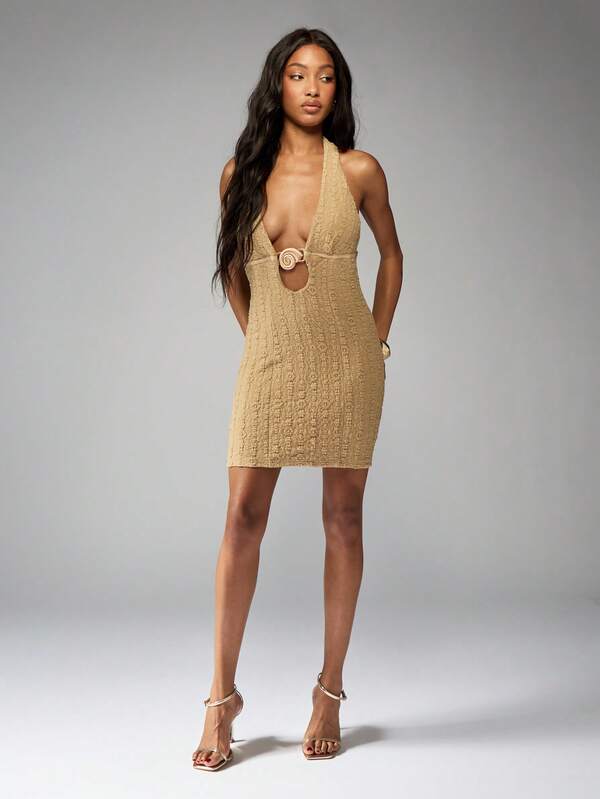 Missguided MISSGUIDED Plunge Halter Neck Crochet Knit Mini Dress With Metallic Shell Buckle Detail