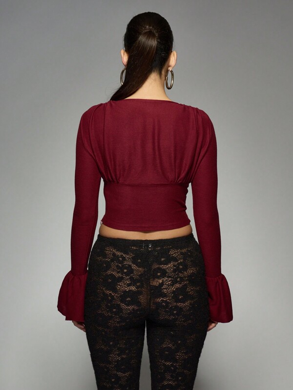 Missguided MISSGUIDED Plunge Neck Bell Sleeve Crop Top With Ruched Waist