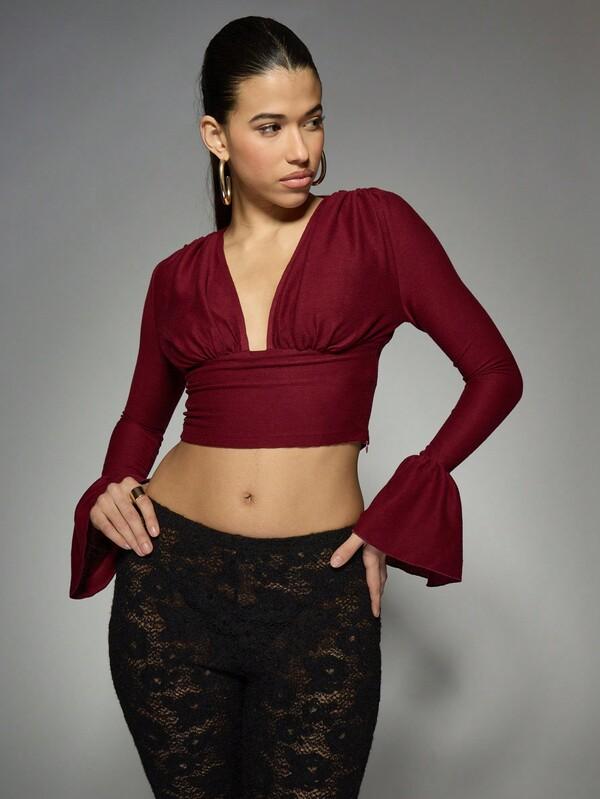 Missguided MISSGUIDED Plunge Neck Bell Sleeve Crop Top With Ruched Waist