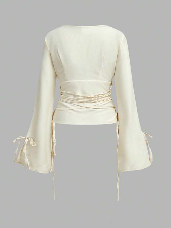 Missguided MISSGUIDED Plunge Neck Bell Sleeve Lace Up Blouse