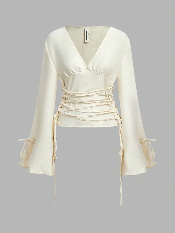 missguided MISSGUIDED Plunge Neck Bell Sleeve Lace Up Blouse