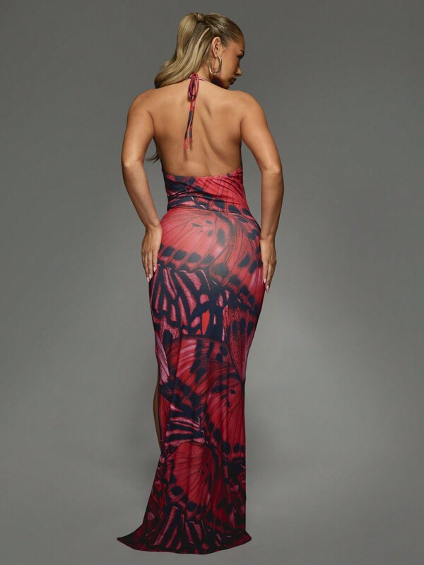 Missguided MISSGUIDED Plunge Neck Butterfly Print Maxi Dress With Side Slit