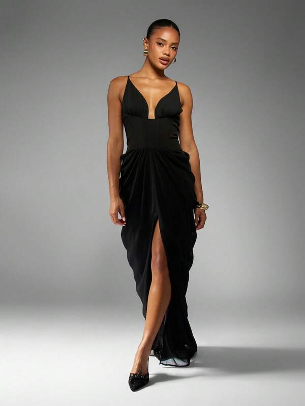 missguided MISSGUIDED Plunge Neck Corset Waist Maxi Dress With Slit