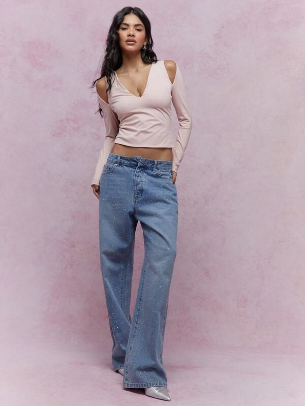 Missguided MISSGUIDED Plunge Neck Cut-Out Shoulder Long Sleeves Crop Top