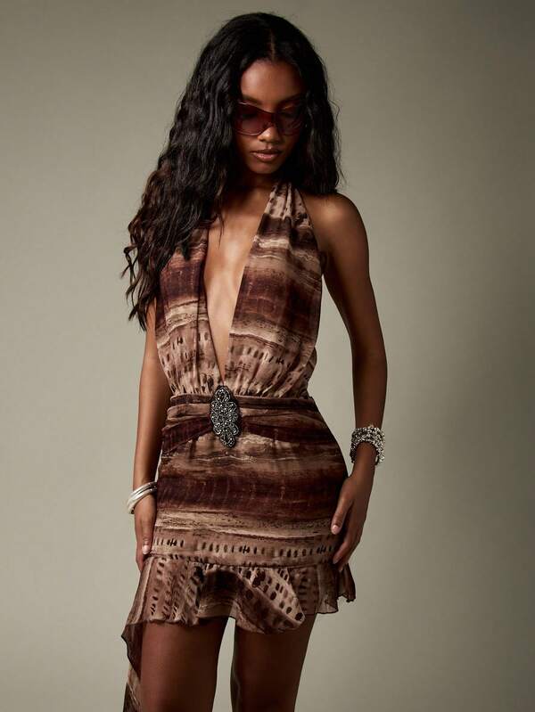 Missguided MISSGUIDED Plunge Neck Halter Backless Chiffon Tie Dye Sleeveless Mini Dress