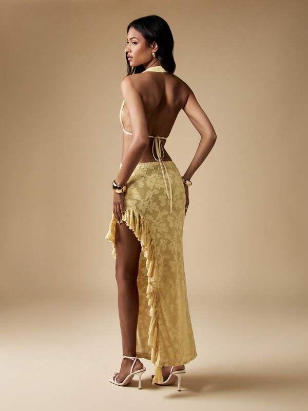 Missguided MISSGUIDED Plunge Neck Halter Ruffle Side Split Cut Out Design Elegant Maxi Dress
