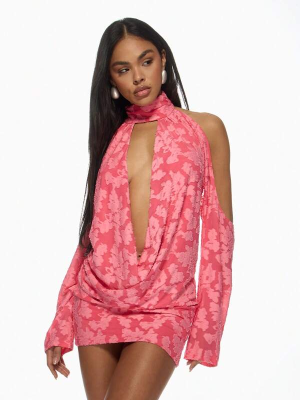 missguided MISSGUIDED Plunge Neck Long Sleeve Ruched Mini Dress