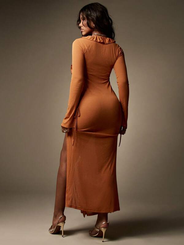 Missguided MISSGUIDED Plunge Neck Long Sleeve Ruffle Trim Thigh Split Maxi Dress