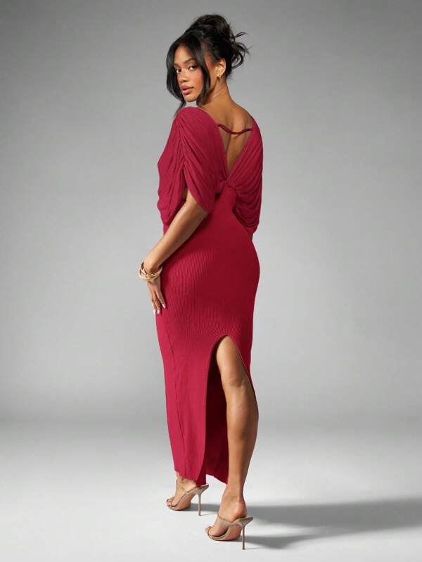 Missguided MISSGUIDED Plunge Neck Maxi Dress With Draped Sleeves And Side Slit