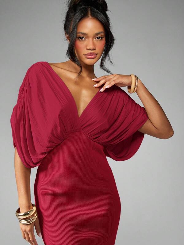 Missguided MISSGUIDED Plunge Neck Maxi Dress With Draped Sleeves And Side Slit