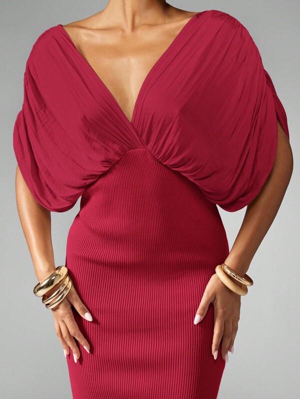 Missguided MISSGUIDED Plunge Neck Maxi Dress With Draped Sleeves And Side Slit