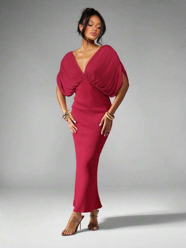 missguided MISSGUIDED Plunge Neck Maxi Dress With Draped Sleeves And Side Slit