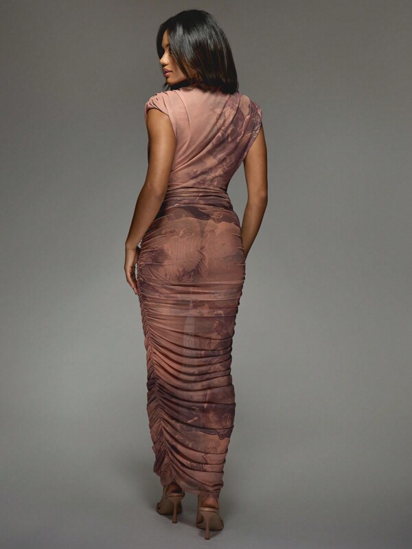 Missguided MISSGUIDED Plunge Neck Mesh Ruched Maxi Dress With Cowl Detail