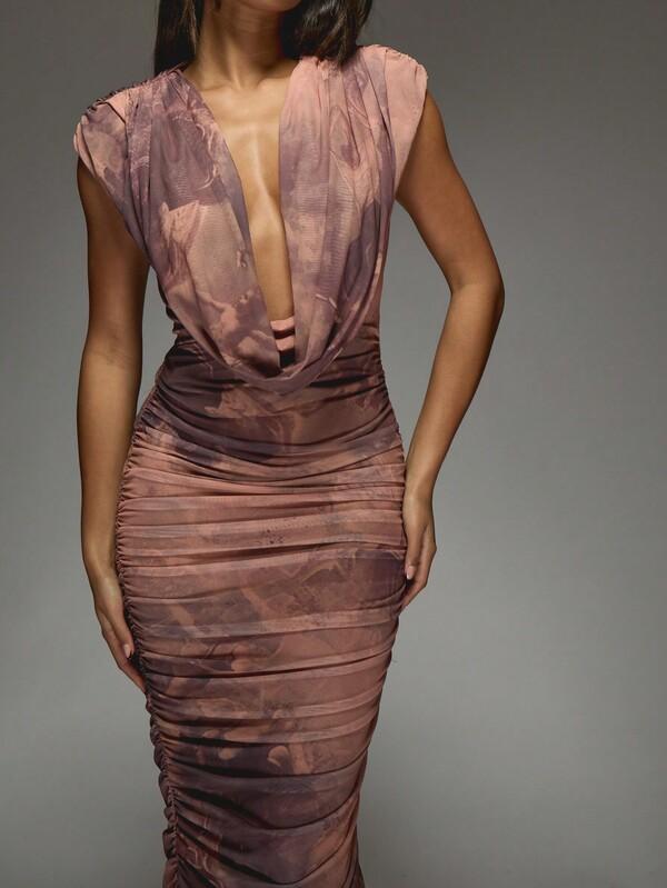 Missguided MISSGUIDED Plunge Neck Mesh Ruched Maxi Dress With Cowl Detail