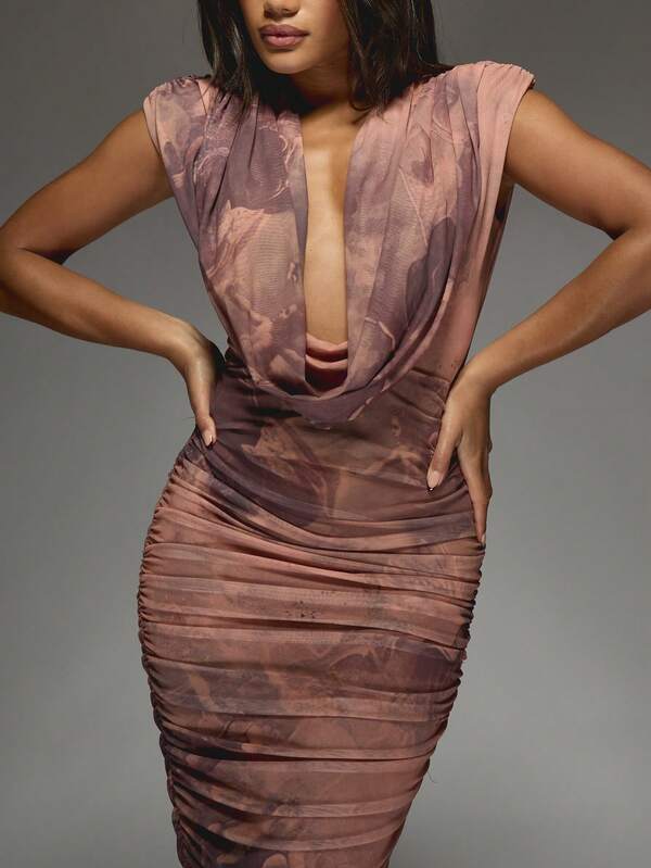 Missguided MISSGUIDED Plunge Neck Mesh Ruched Maxi Dress With Cowl Detail