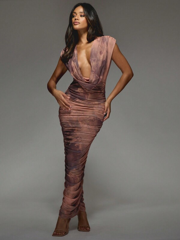 missguided MISSGUIDED Plunge Neck Mesh Ruched Maxi Dress With Cowl Detail
