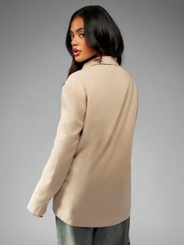 Missguided MISSGUIDED Plunge Neck Modern Elegant Long Sleeve Collared Blouse