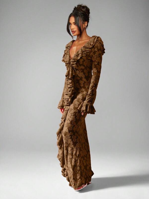 Missguided MISSGUIDED Plunge Neck Ruffle Long Sleeve Maxi Dress