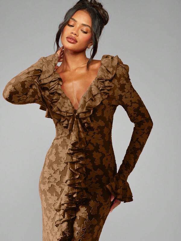 Missguided MISSGUIDED Plunge Neck Ruffle Long Sleeve Maxi Dress