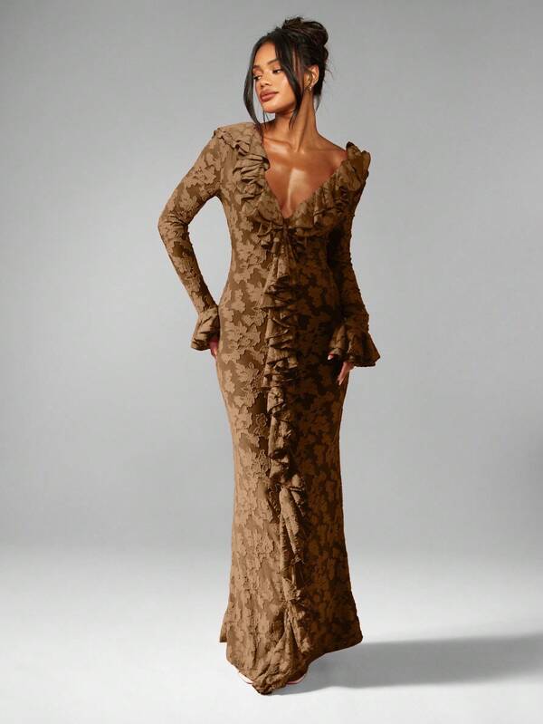 missguided MISSGUIDED Plunge Neck Ruffle Long Sleeve Maxi Dress