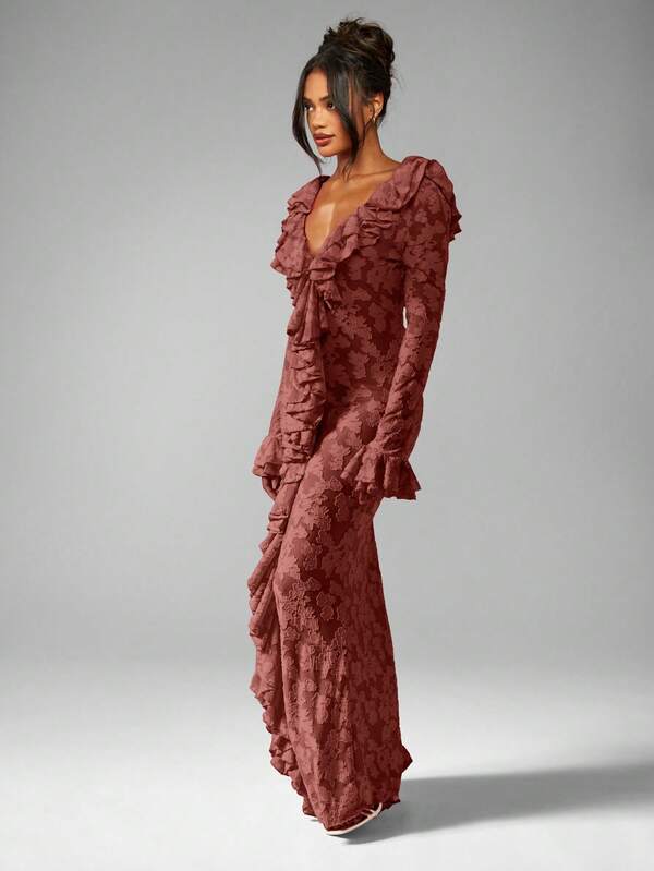 Missguided MISSGUIDED Plunge Neck Ruffle Maxi Dress With Bell Sleeves