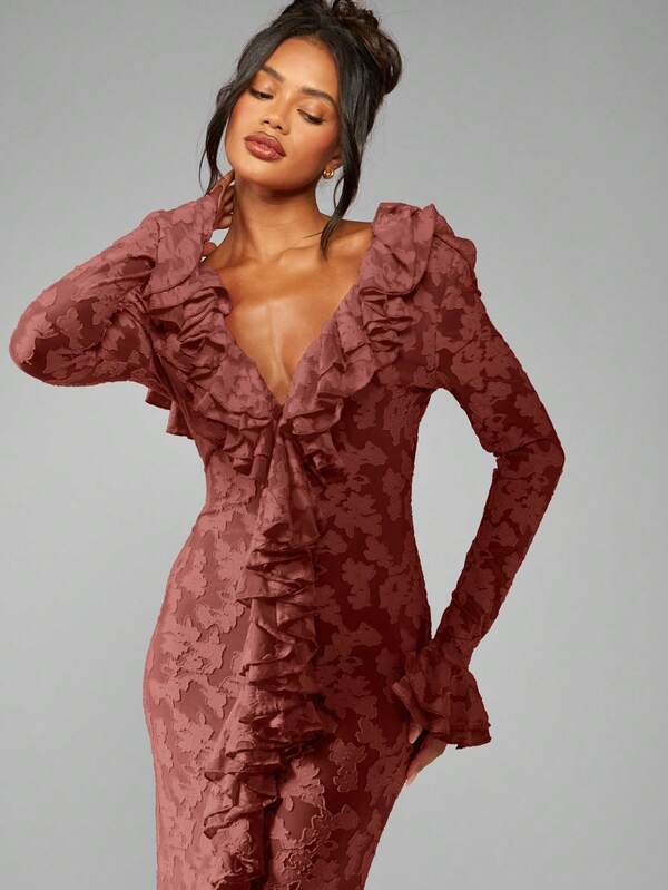 Missguided MISSGUIDED Plunge Neck Ruffle Maxi Dress With Bell Sleeves