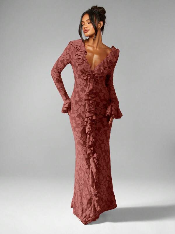 missguided MISSGUIDED Plunge Neck Ruffle Maxi Dress With Bell Sleeves