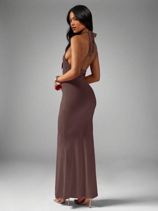 Missguided MISSGUIDED Plunge Tie Halterneck Slinky Fishtail Maxi Dress