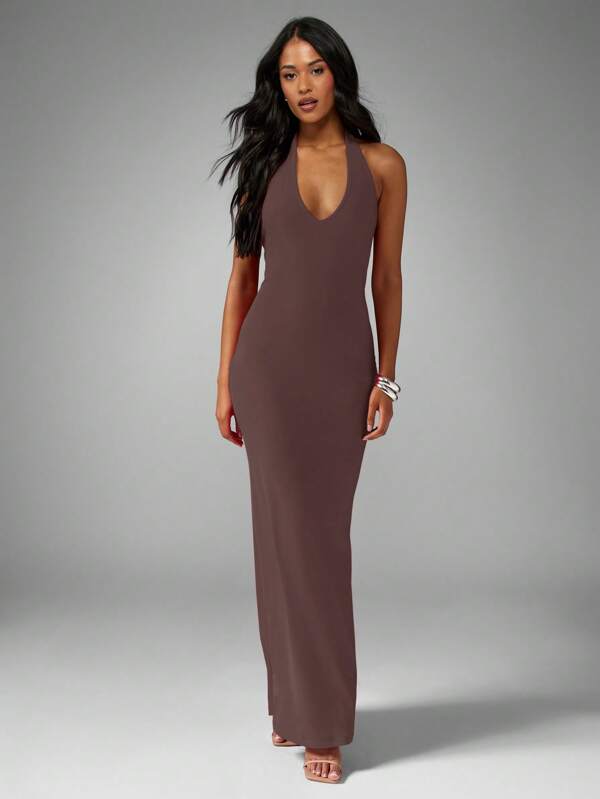 Missguided MISSGUIDED Plunge Tie Halterneck Slinky Fishtail Maxi Dress