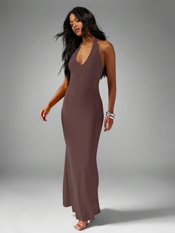 missguided MISSGUIDED Plunge Tie Halterneck Slinky Fishtail Maxi Dress