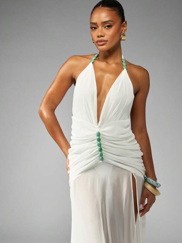 Missguided MISSGUIDED Plunging Halter Neck Maxi Dress With Ruched Details