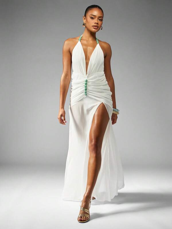 missguided MISSGUIDED Plunging Halter Neck Maxi Dress With Ruched Details