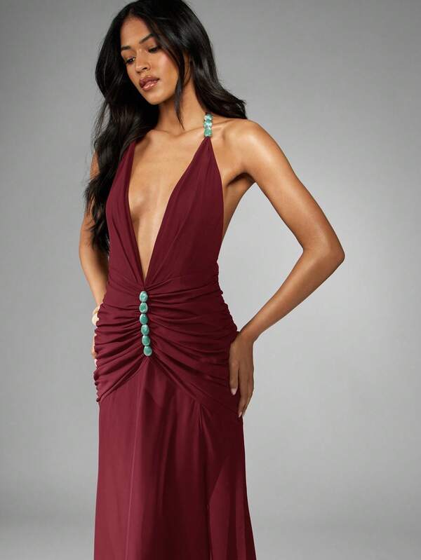 Missguided MISSGUIDED Plunging V Neck Chiffon Maxi Dress With Side Split