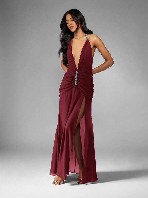 missguided MISSGUIDED Plunging V Neck Chiffon Maxi Dress With Side Split