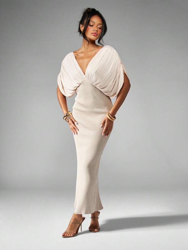 missguided MISSGUIDED Plunging V-Neck Ribbed Knit Maxi Dress With Draped Dolman Sleeves