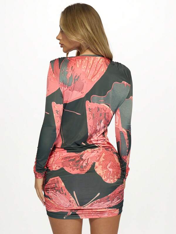 Missguided MISSGUIDED Plunging V-Neck Ruched Side Floral Print Mini Dress