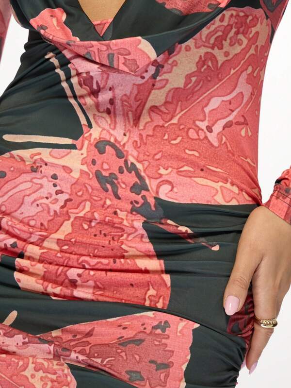 Missguided MISSGUIDED Plunging V-Neck Ruched Side Floral Print Mini Dress