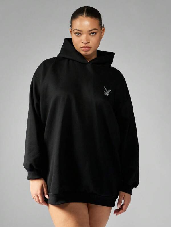 missguided MISSGUIDED PLUS x Playboy Plus Size Oversized Hoodie Sweatshirt Loungewear With Centre Pocket
