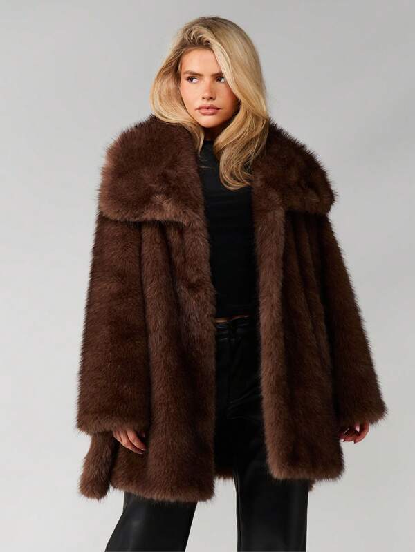 Missguided MISSGUIDED Plush Faux Fur Coat With Oversized Collar And Belt